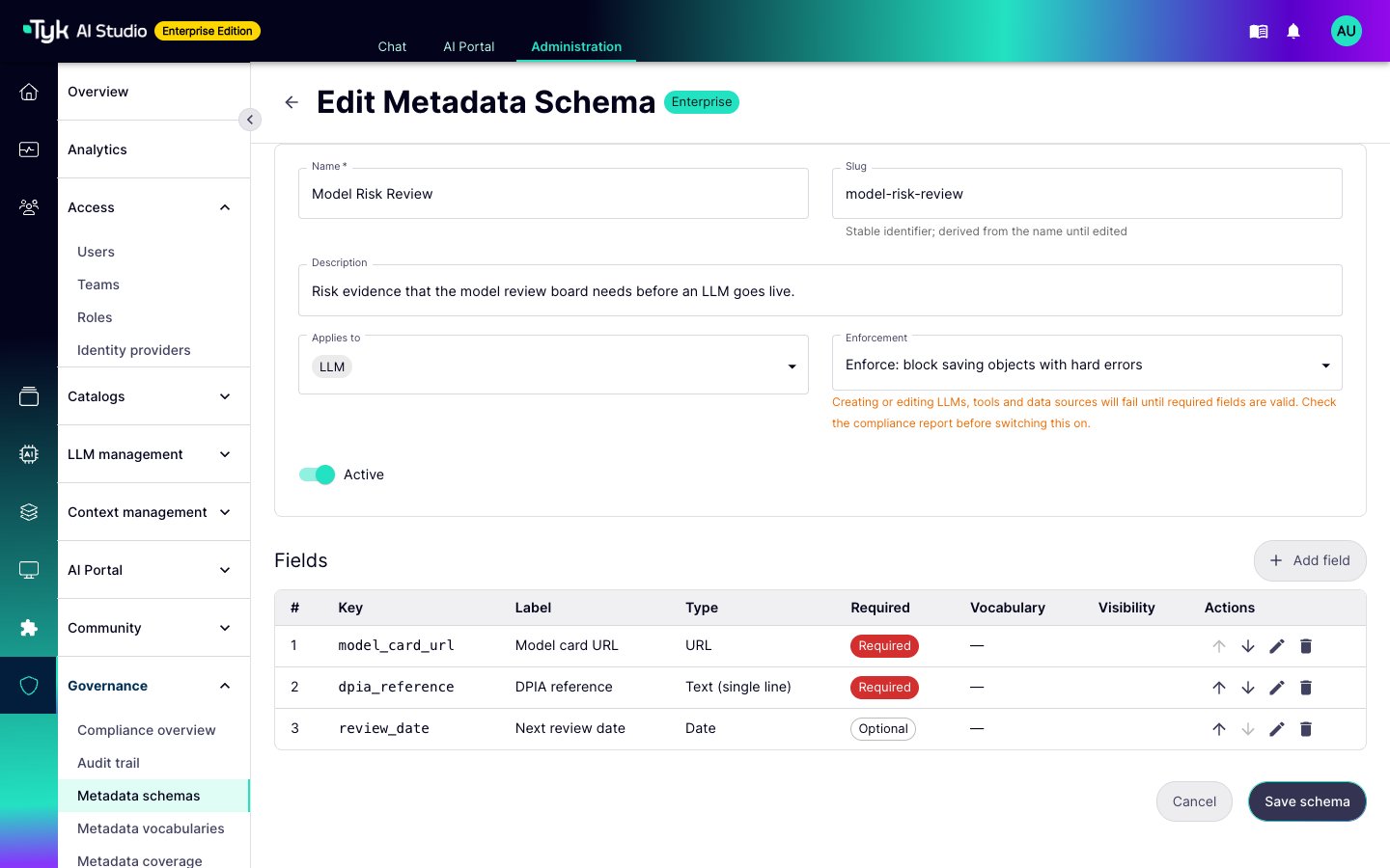 Edit Metadata Schema form with an enforced schema for LLMs