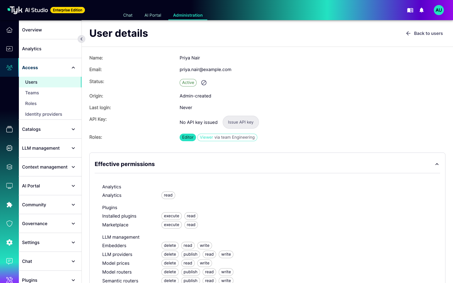 User details page with a direct role, a Team role, and the effective permissions