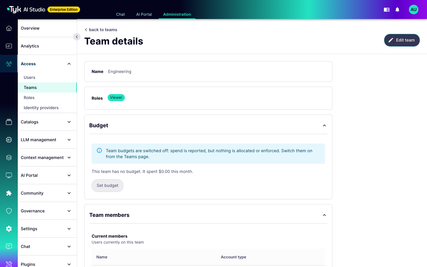 Team details page with the Viewer role