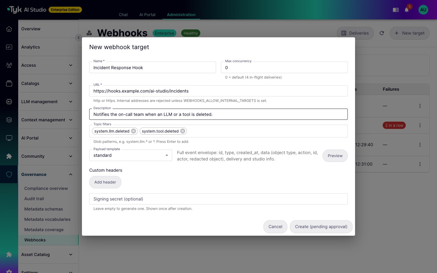 New webhook target dialog with a URL and two topic filters