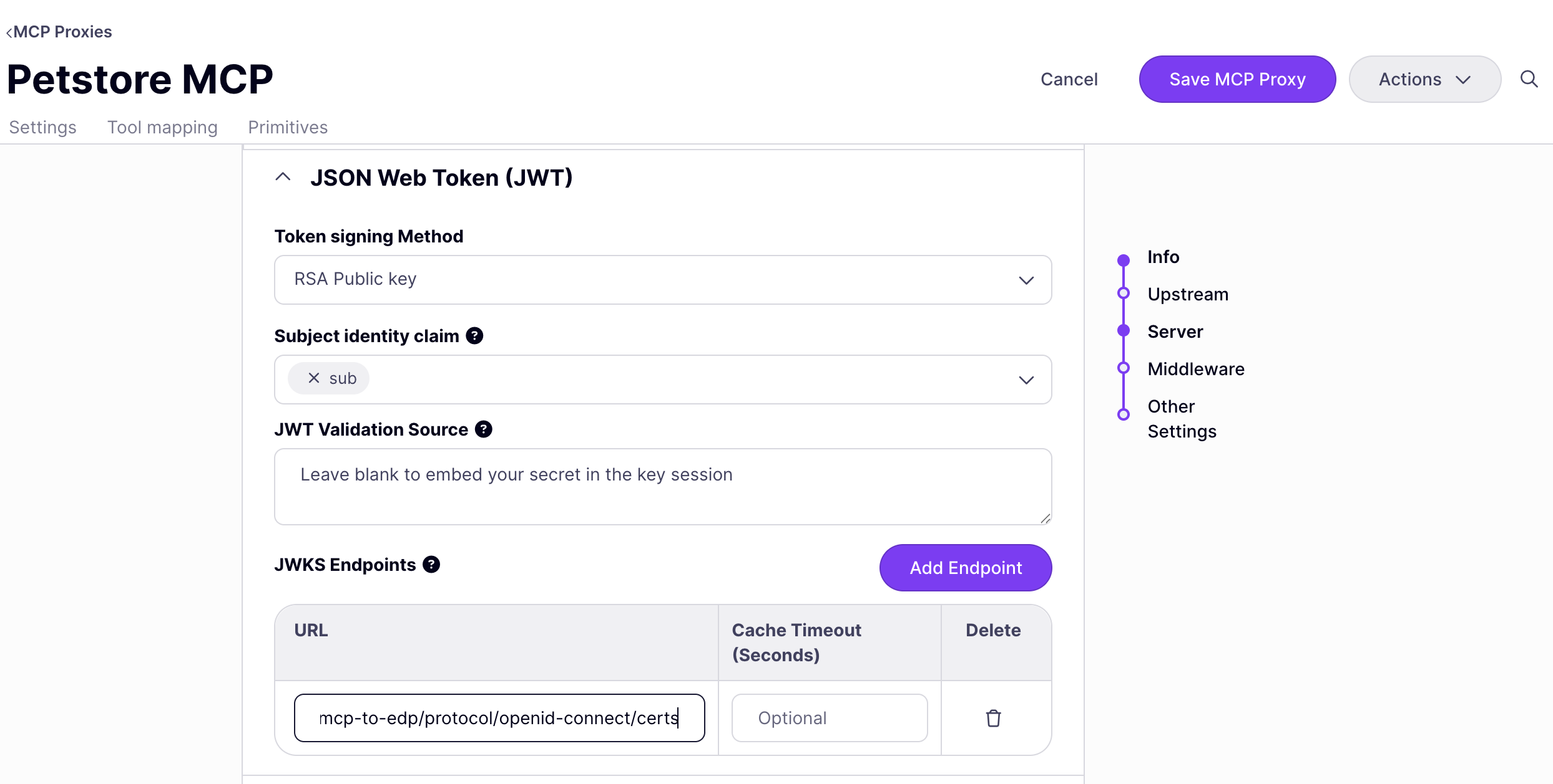 Configuring the JSON Web Token (JWT) method on the Petstore MCP API definition, with Token signing Method set to RSA Public key, Subject identity claim set to sub, and a JWKS Endpoints entry pointing at the mcp-to-edp realm's certs URL