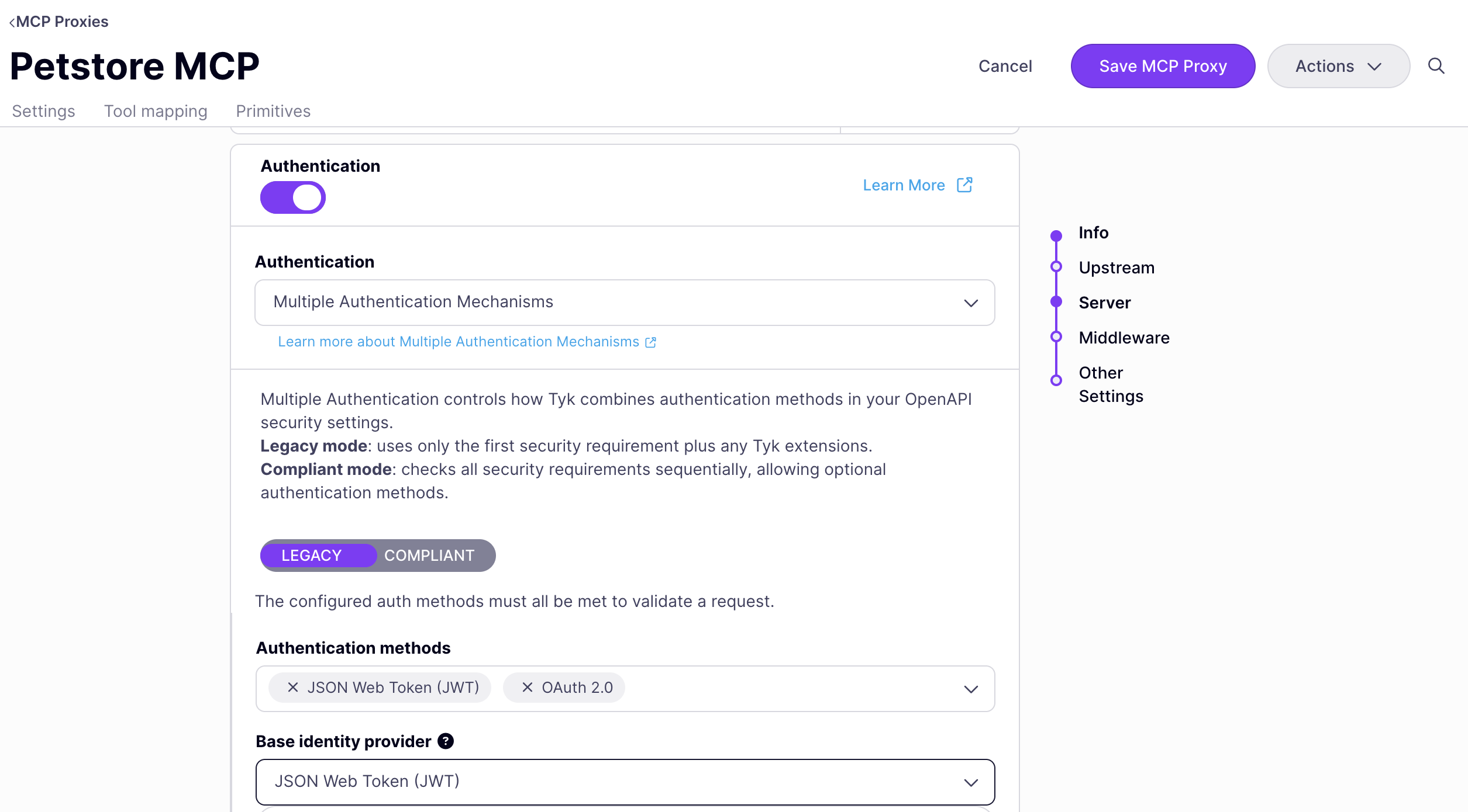 Configuring Multiple Authentication Mechanisms on the Petstore MCP API definition in Tyk Dashboard, with JSON Web Token (JWT) and OAuth 2.0 selected as Authentication methods and JSON Web Token (JWT) set as the Base identity provider