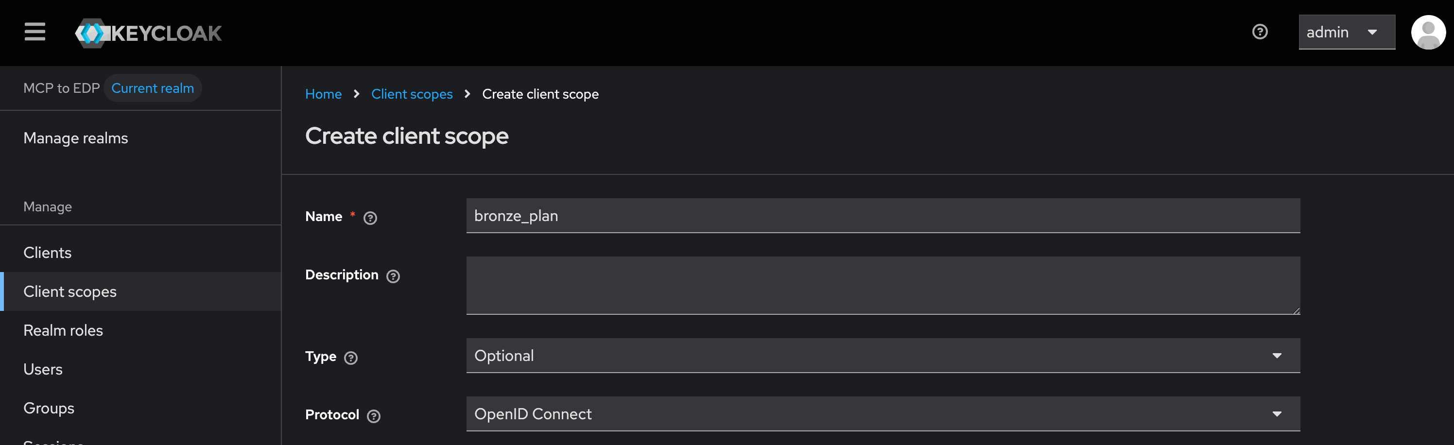 Creating the bronze_plan client scope in Keycloak, with Type set to Optional and Protocol set to OpenID Connect