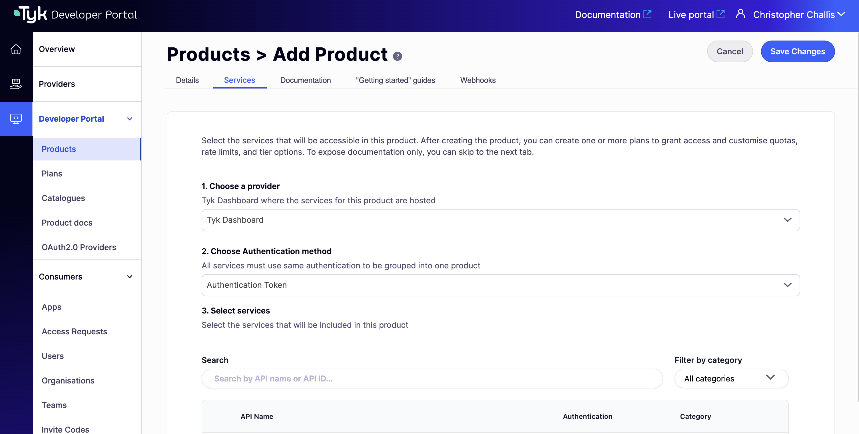 Services tab on the Add Product page, showing the default empty state with no APIs selected and the inline note to skip this tab for documentation-only products