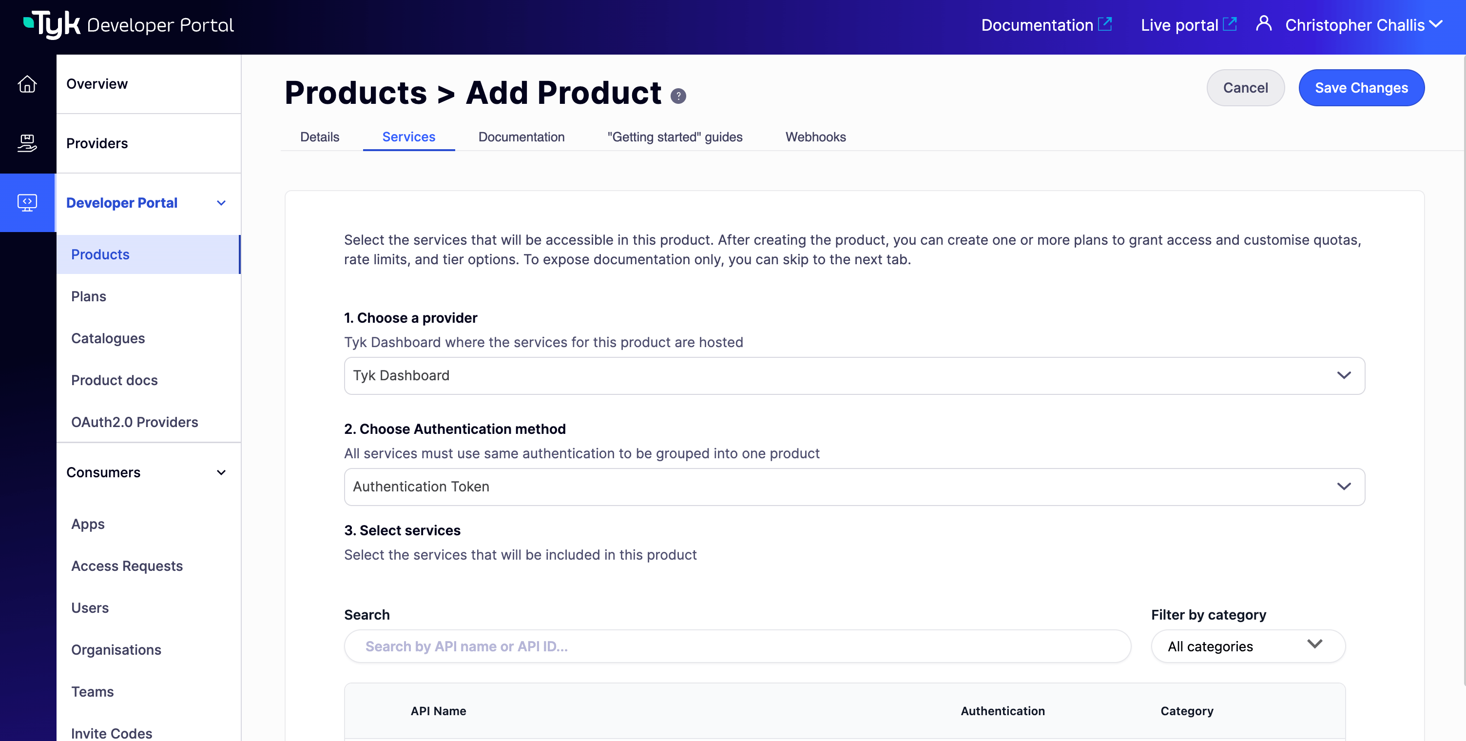 Services tab on the Add Product page, showing the default empty state with no APIs selected and the inline note to skip this tab for documentation-only products