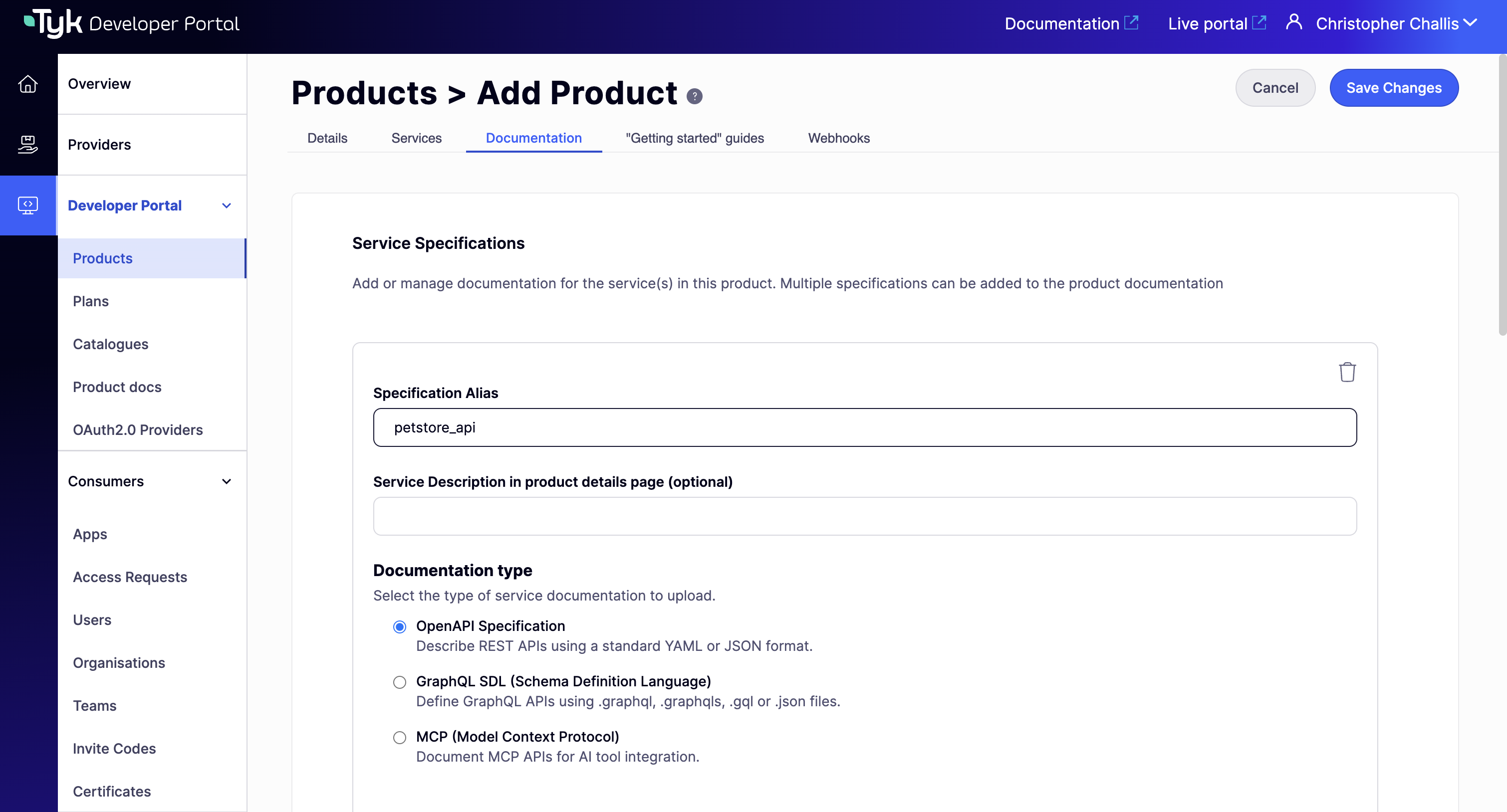 Documentation tab showing an uploaded OpenAPI specification with the Specification Alias field filled in