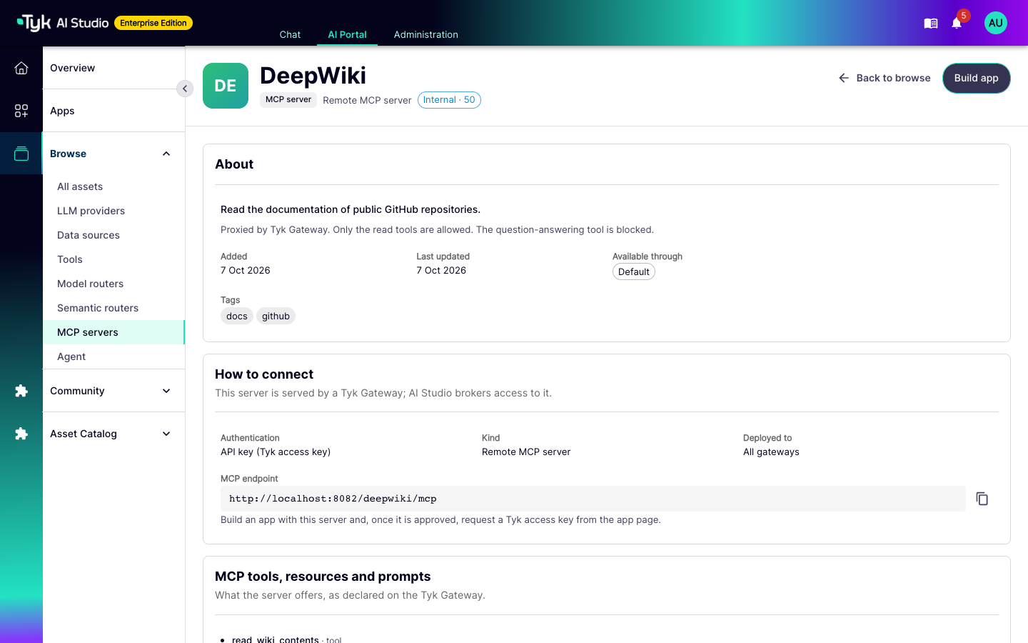 MCP server page in the AI Portal with the authentication, kind, deployment, MCP endpoint, and the Build app button