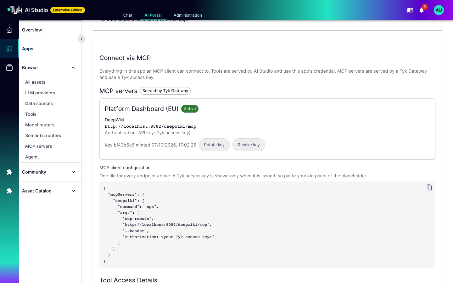 Connect via MCP section of an App in the AI Portal, with the Tyk key for one connection and the MCP client configuration