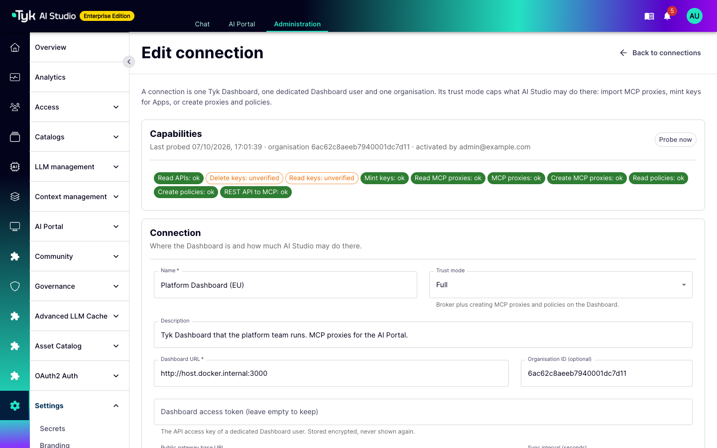 Edit connection page with the capability badges from the last probe and the Full trust mode