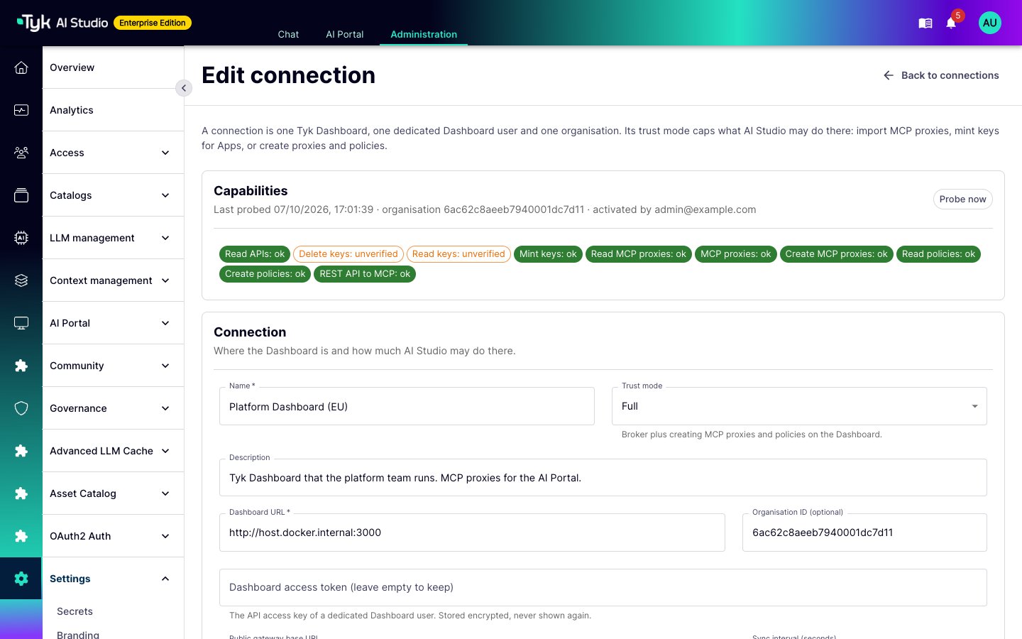 Edit connection page with the capability badges from the last probe and the Full trust mode