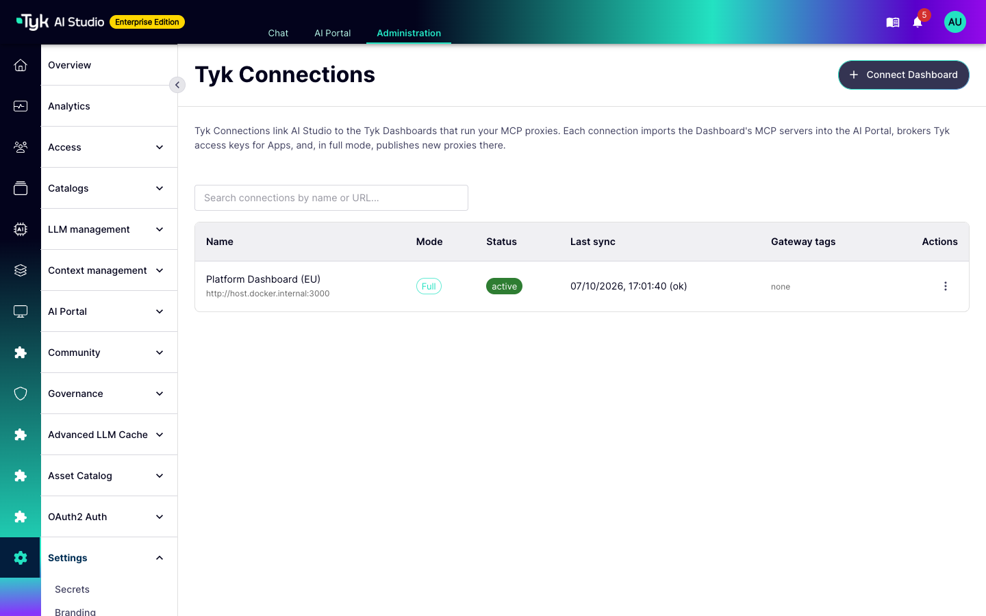 Tyk Connections page with one active connection in Full mode