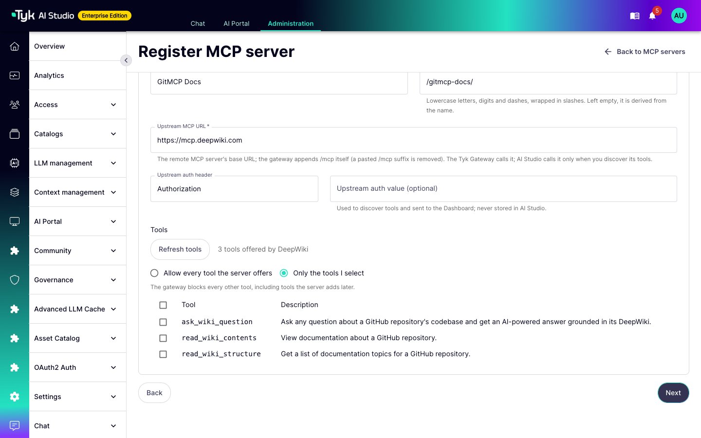 Proxy details step of the Register MCP server wizard with the tools that AI Studio found on the upstream server
