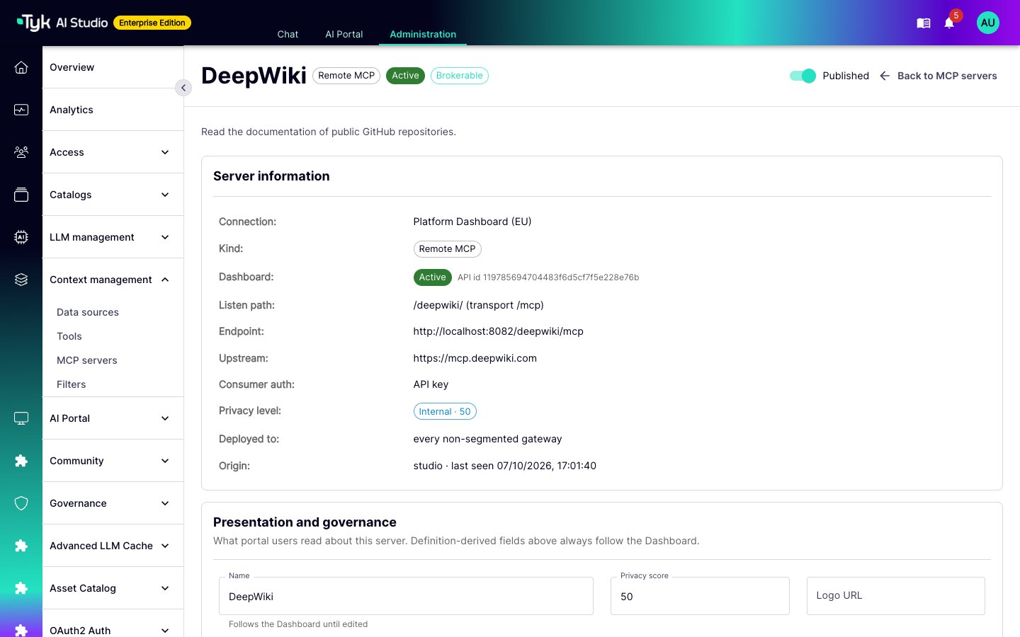 MCP server detail page with the connection, listen path, endpoint, upstream, consumer authentication, and privacy level