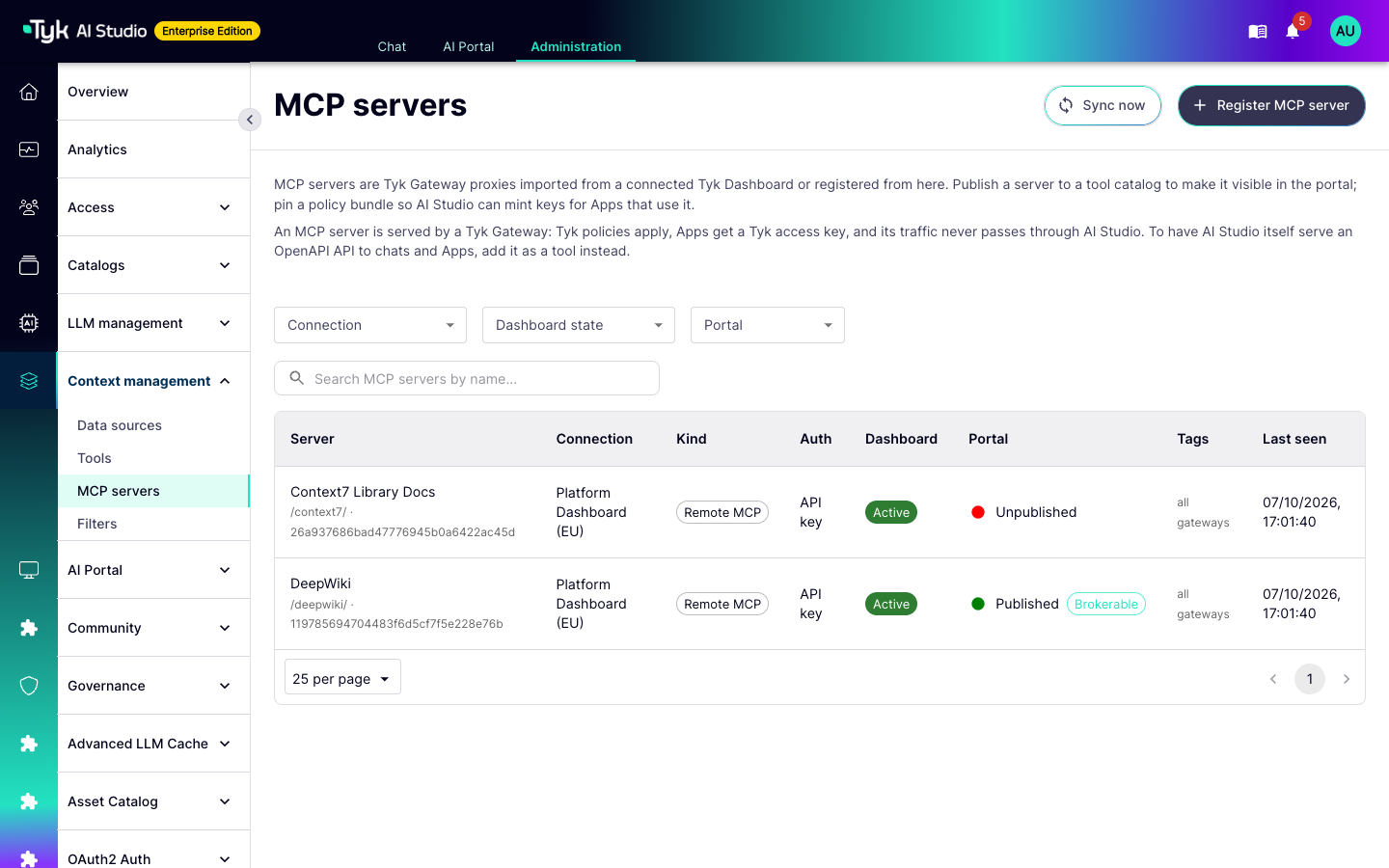MCP servers page with one published server registered from AI Studio and one unpublished server imported from the Dashboard