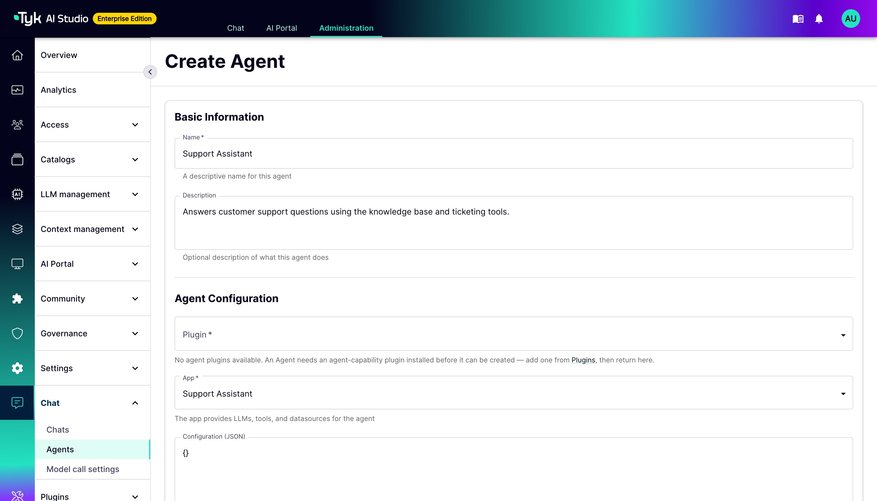 Create Agent form in the AI Studio admin UI, showing Basic Information and the Plugin and App selectors under Agent Configuration
