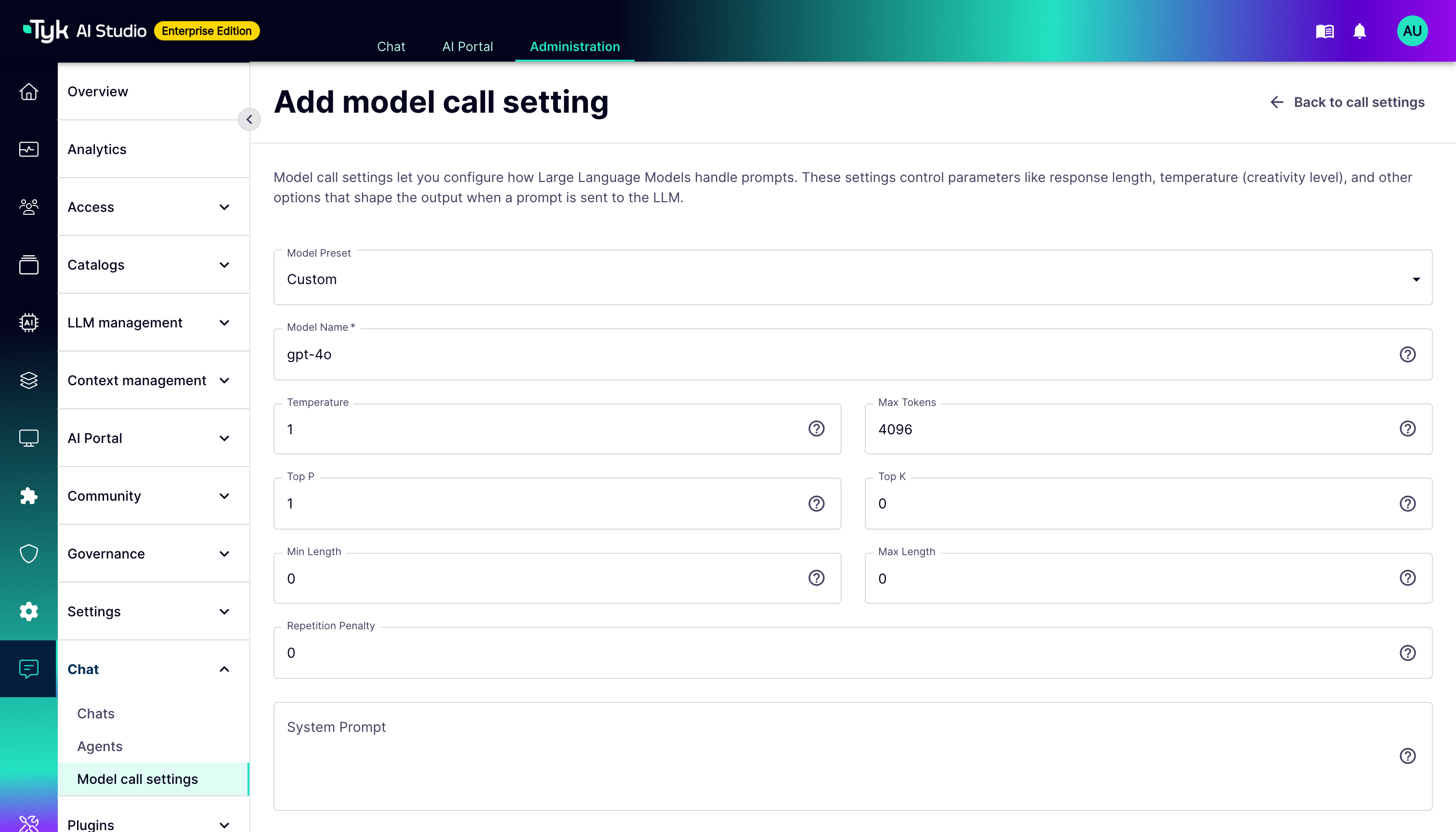 Create LLM Call Settings UI