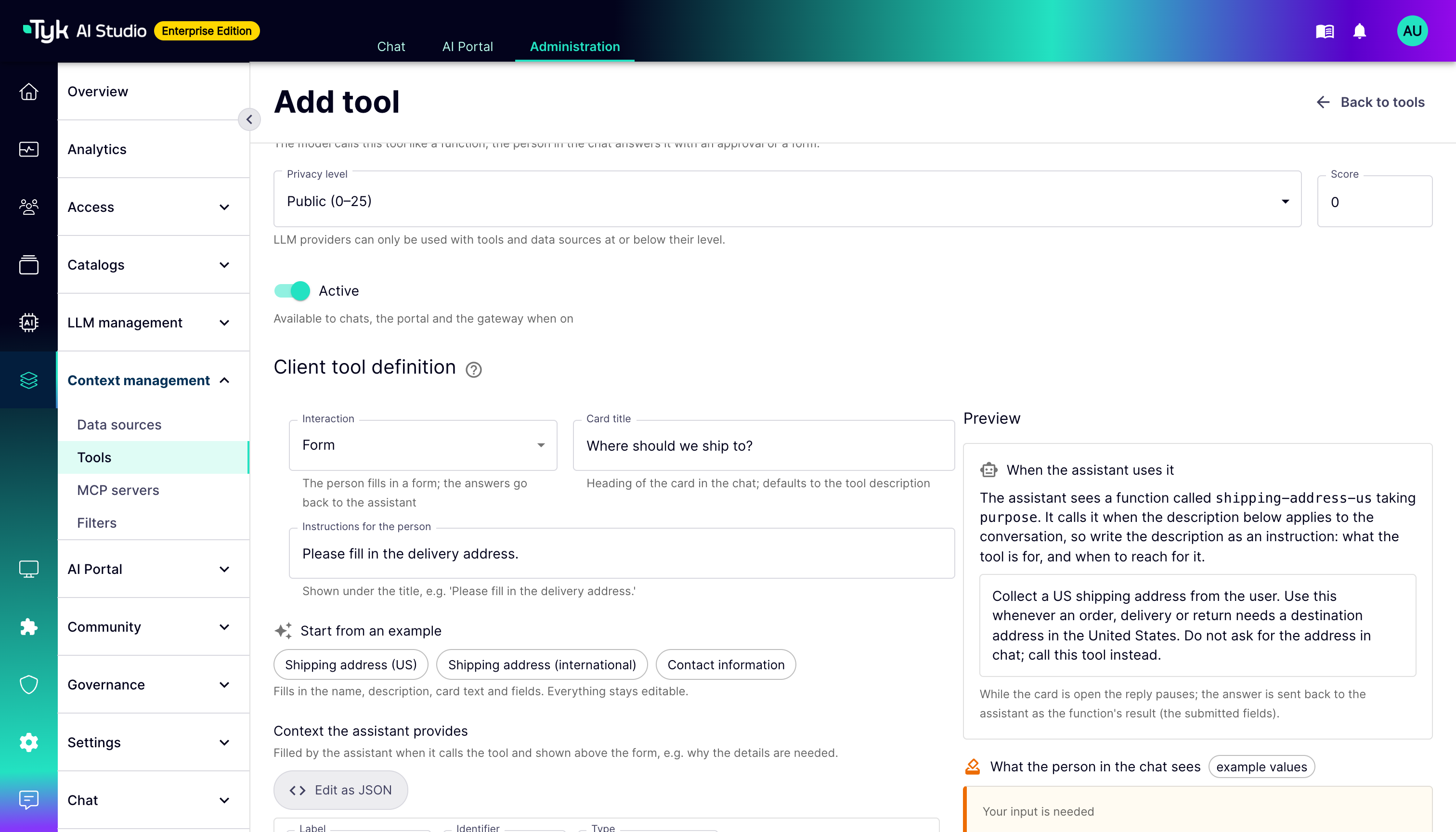 Add tool form in the AI Studio admin UI with the Client tool type, the Form interaction, the Shipping address (US) example, and the preview