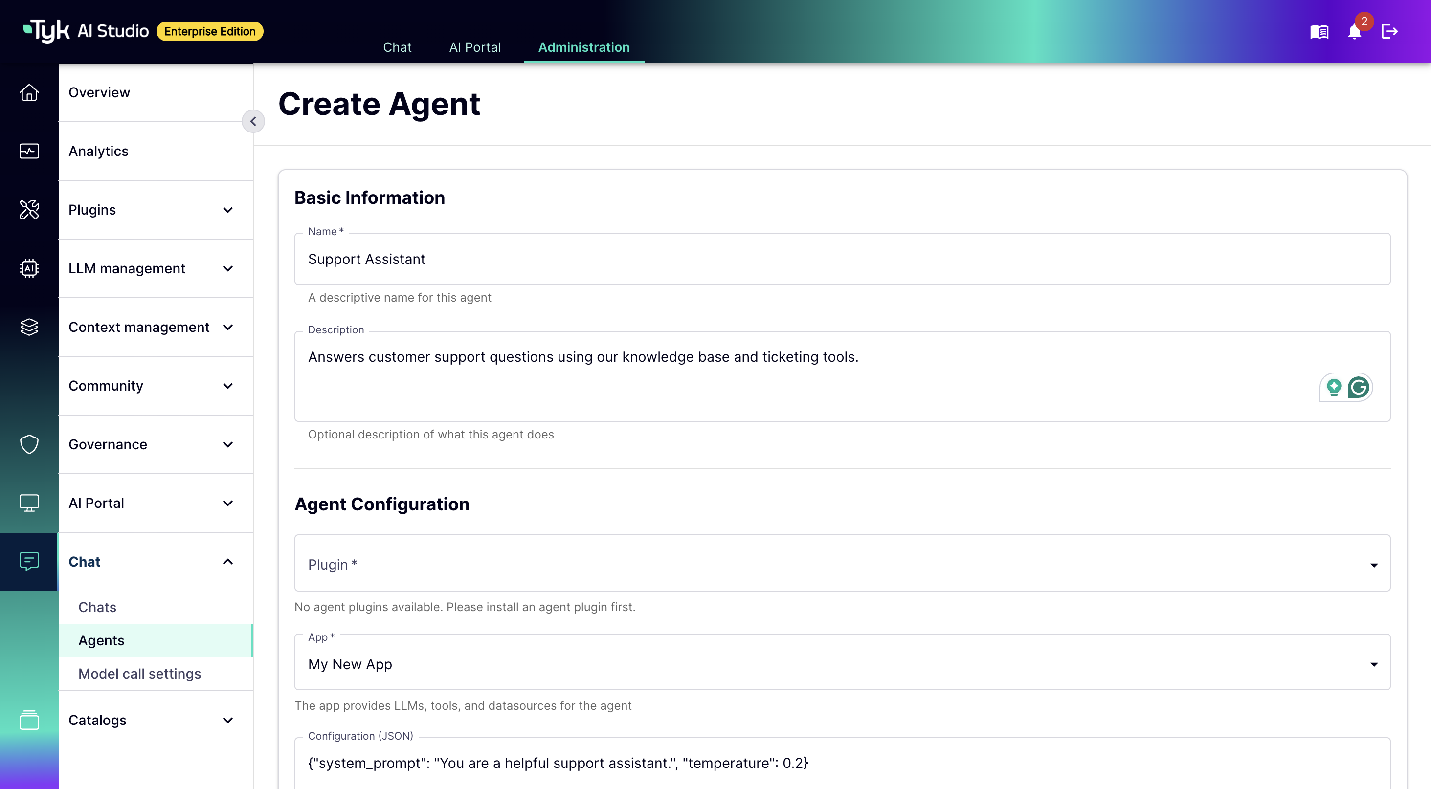 Create Agent form in the AI Studio admin UI, showing Basic Information and the Plugin and App selectors under Agent Configuration
