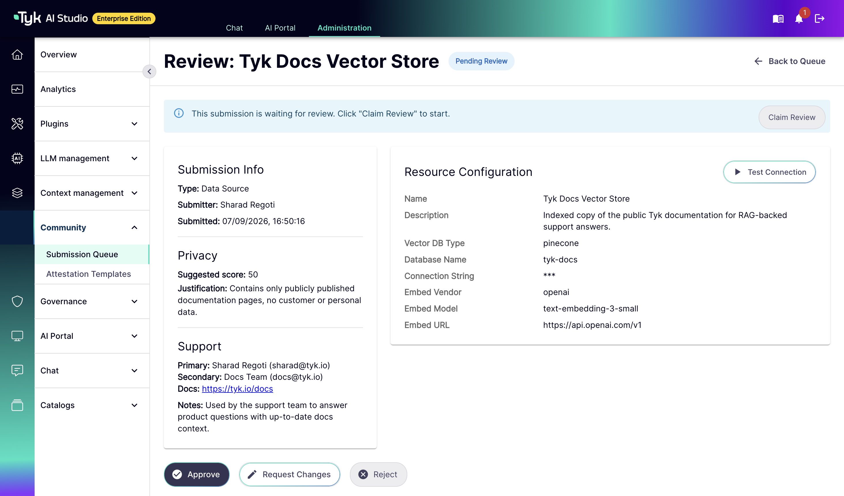 Submission review screen showing the resource configuration, suggested privacy score, support details, and Approve, Request Changes, and Reject actions