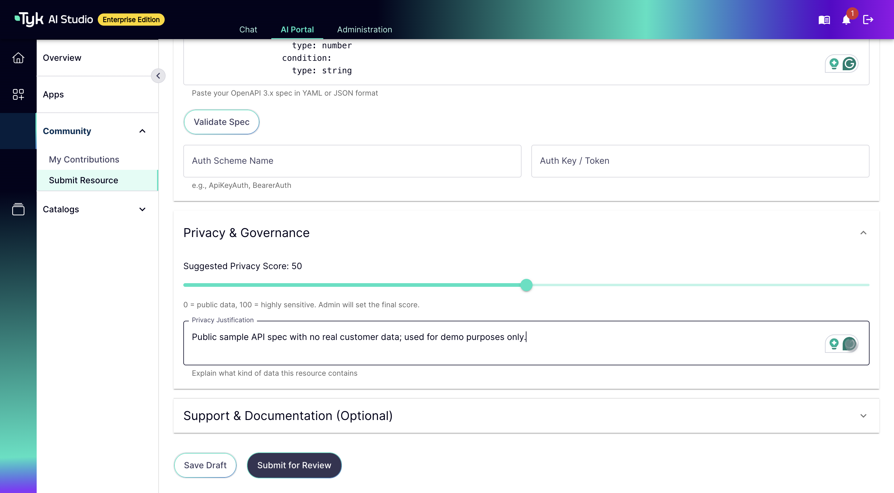 Submit a Resource form in the AI Portal, showing the Tool (OpenAPI) resource type with an OpenAPI spec pasted into the OpenAPI Specification section