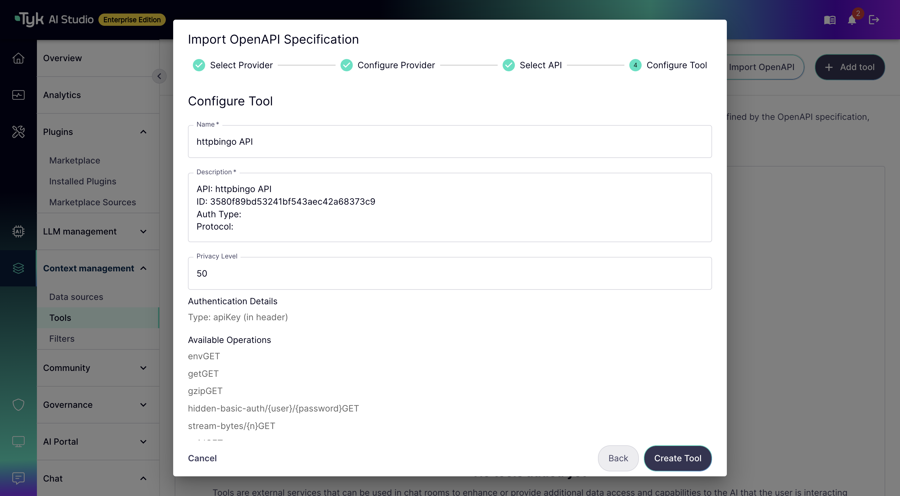 Configure Tool step with fields pre-filled from the selected API