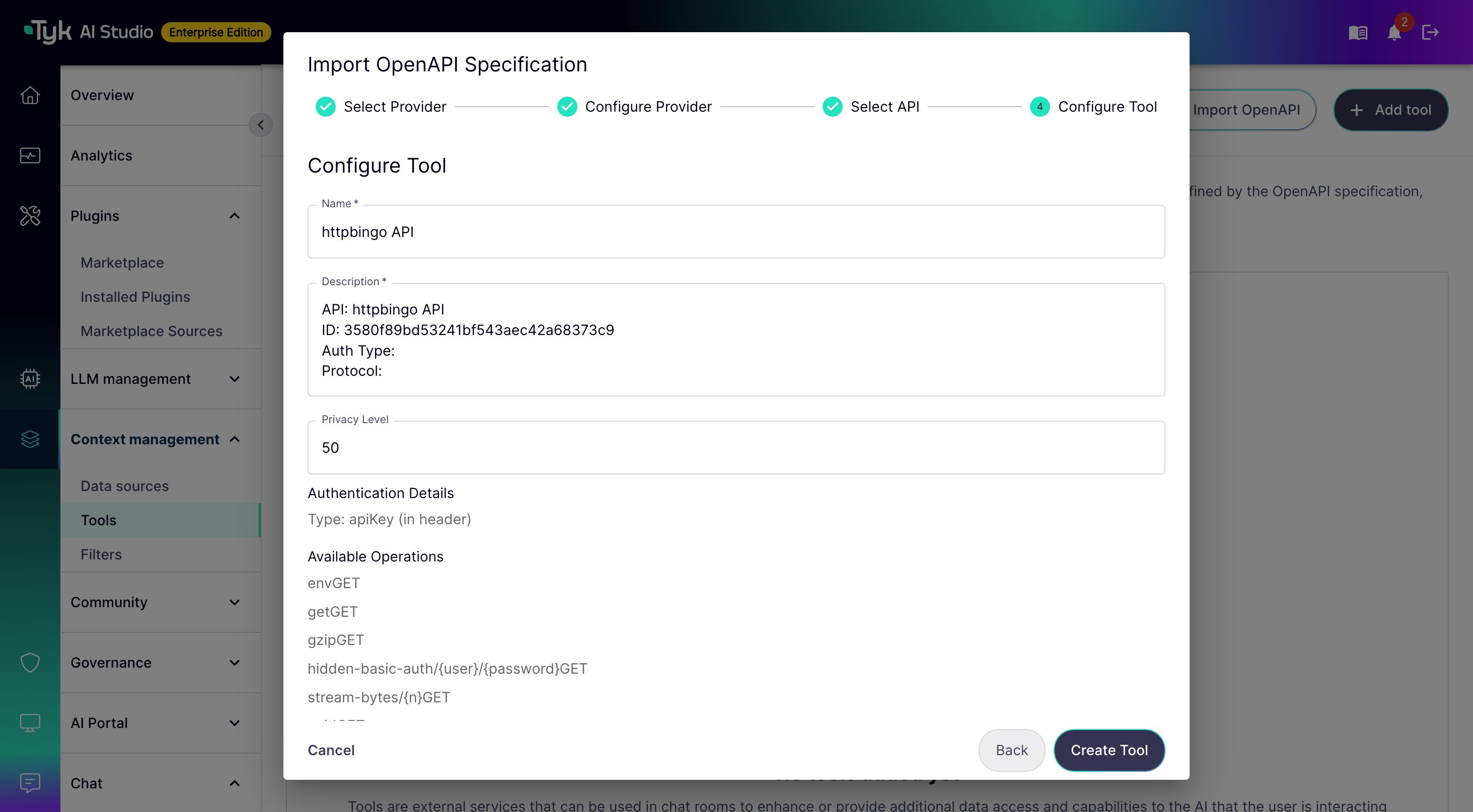 Configure Tool step with fields pre-filled from the selected API