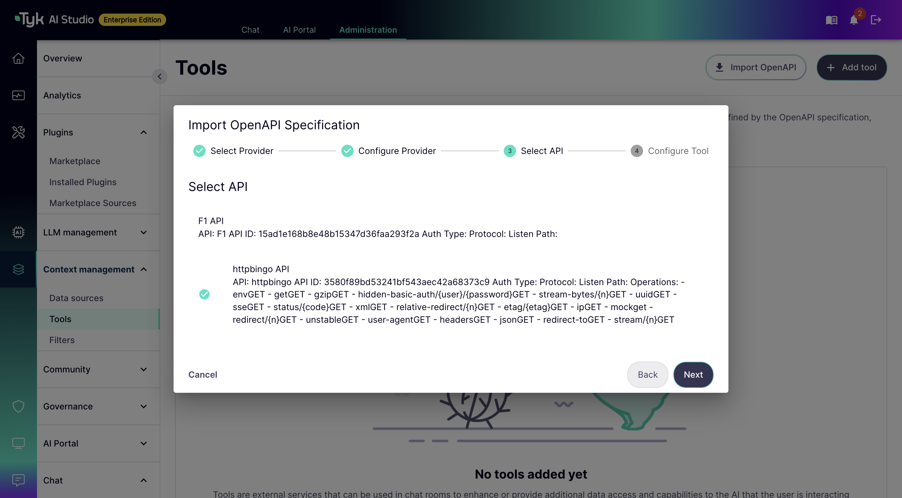 Select an API step listing active Tyk OAS APIs from the Dashboard