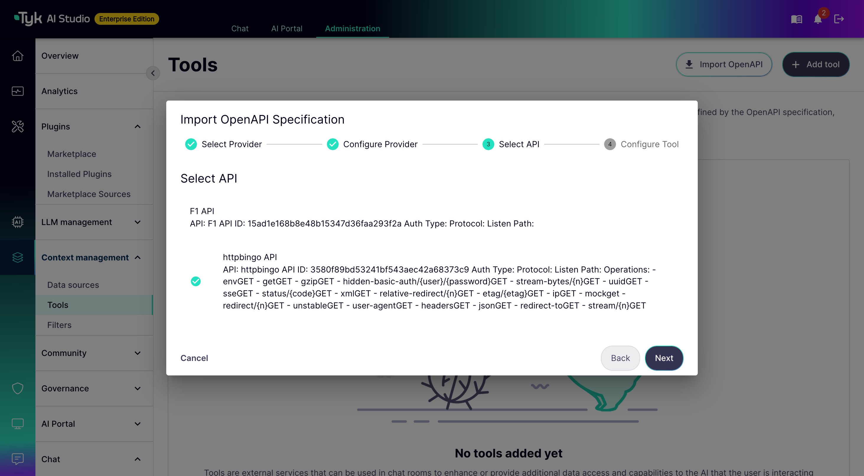 Select an API step listing active Tyk OAS APIs from the Dashboard