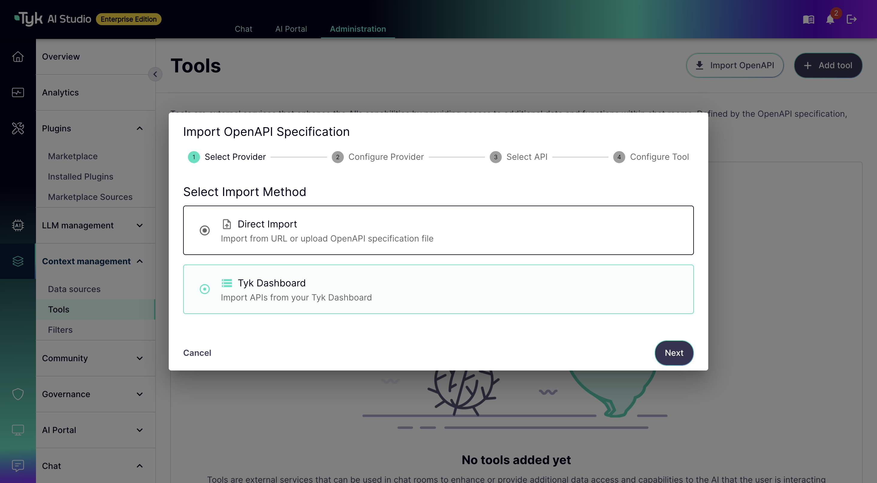 Import OpenAPI wizard with Tyk Dashboard selected as the import method