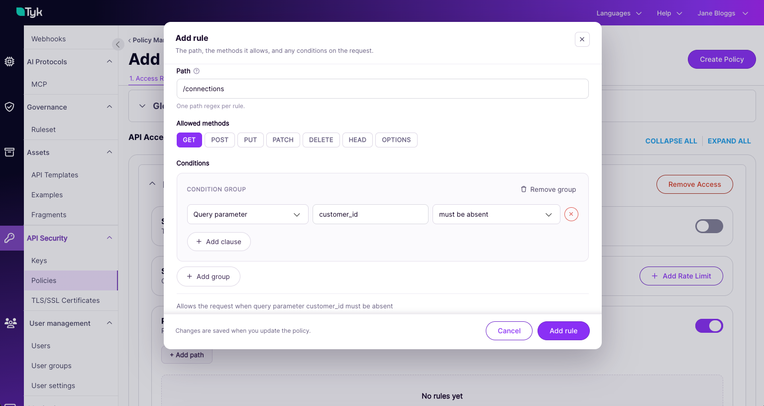 Configuring granular access to GET /connections endpoint where query parameter customer_id must be absent.