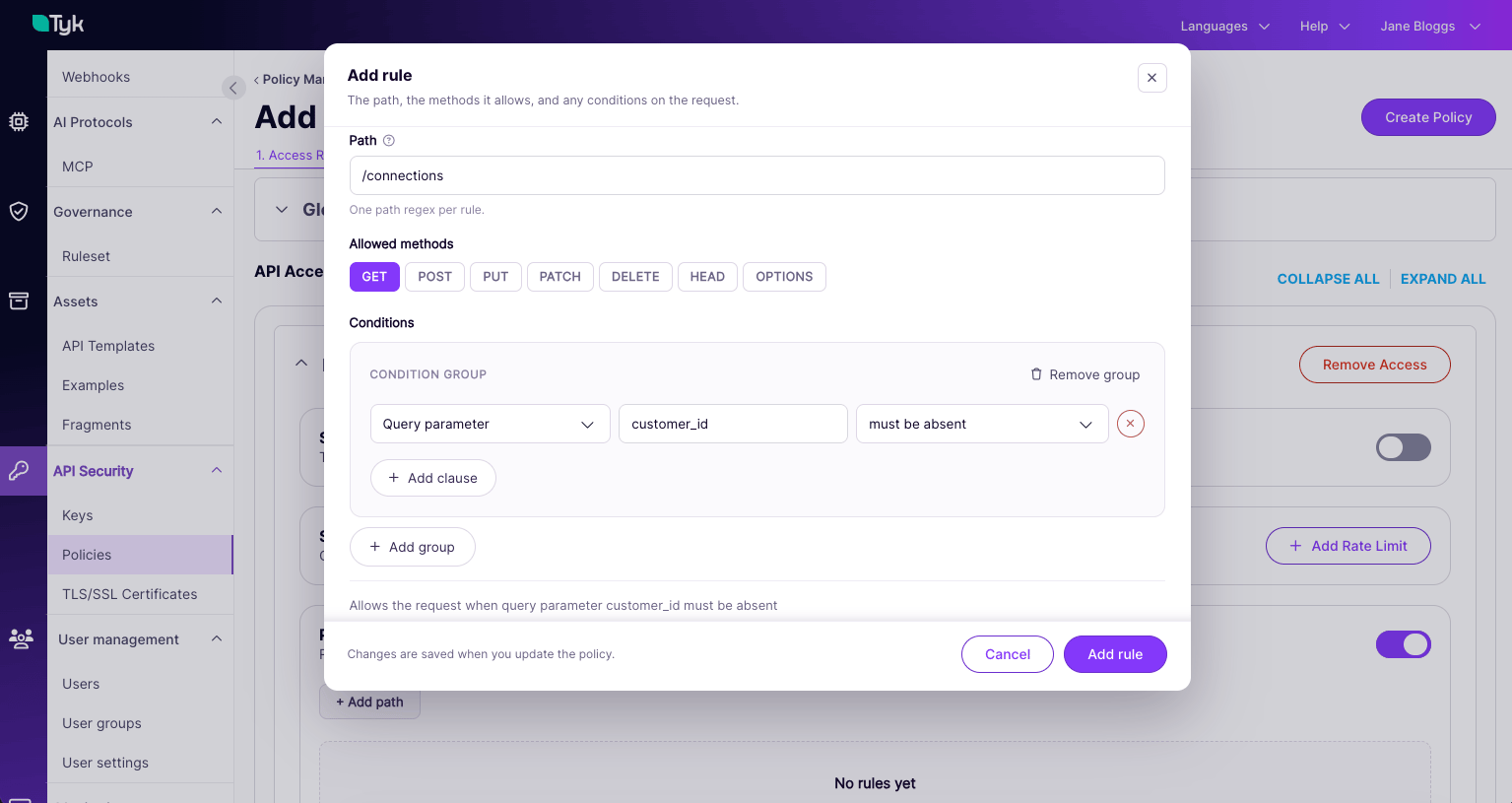 Configuring granular access to GET /connections endpoint where query parameter customer_id must be absent.
