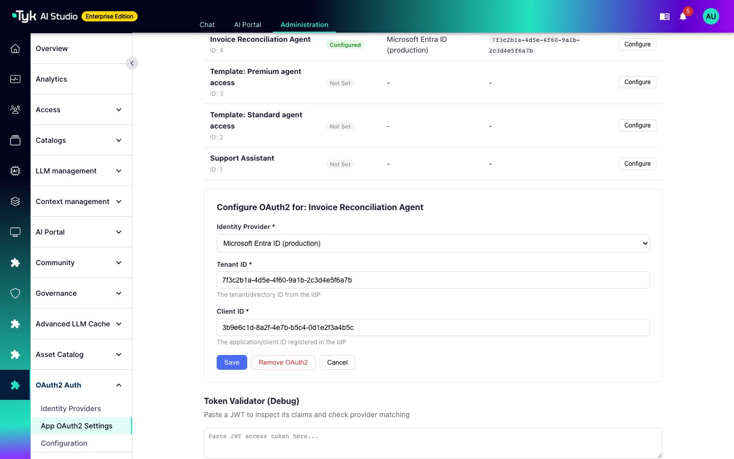 App OAuth2 Settings page with the binding form for the Invoice Reconciliation Agent App