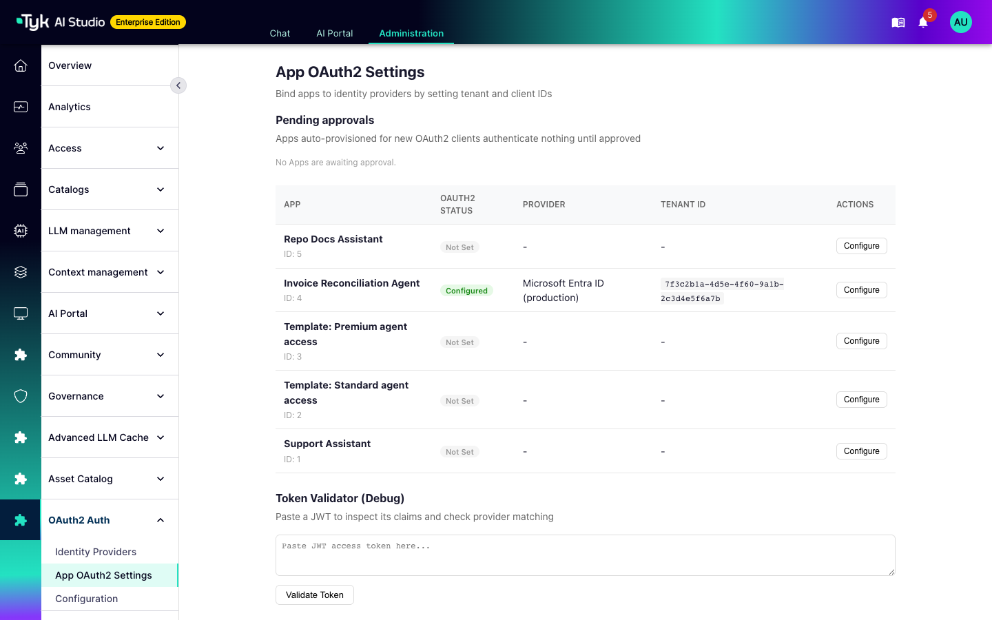 App OAuth2 Settings page with the Pending approvals section and the list of Apps with their OAuth2 status