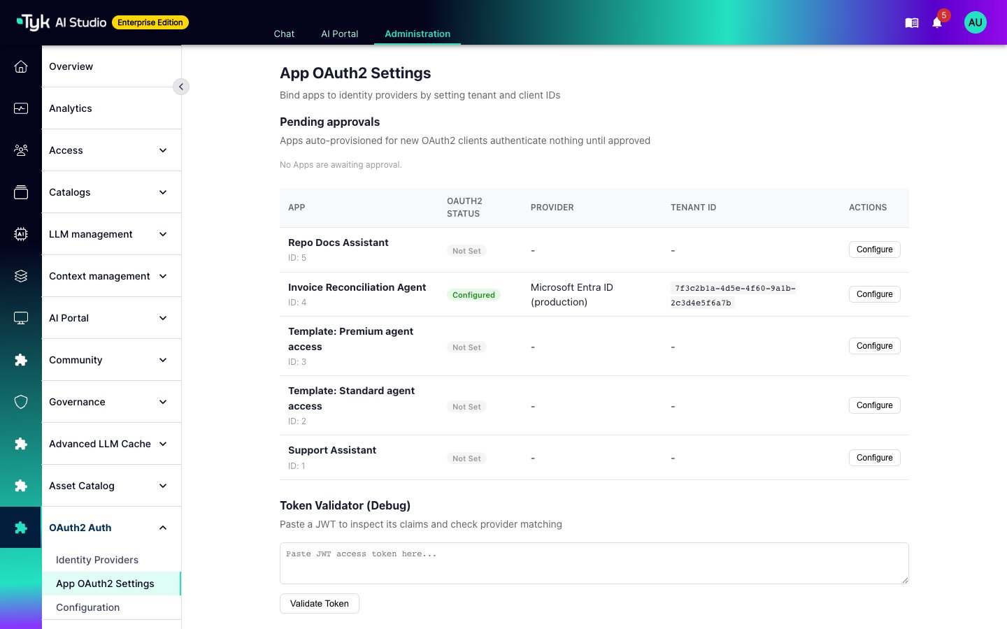 App OAuth2 Settings page with the Pending approvals section and the list of Apps with their OAuth2 status