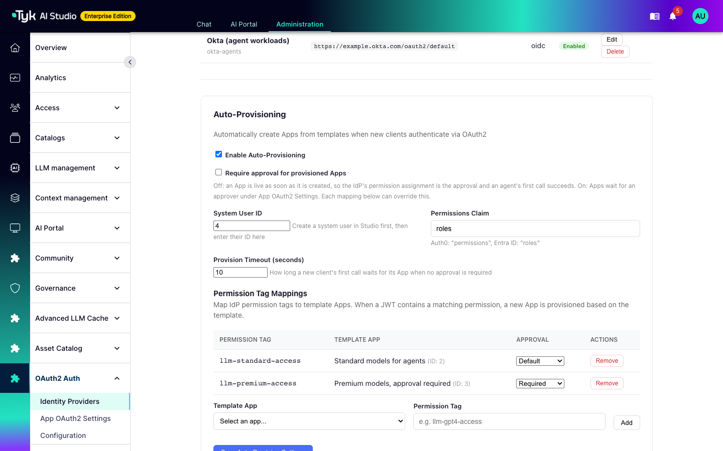 Auto-Provisioning section with two permission tag mappings, one that follows the default approval setting and one that requires approval