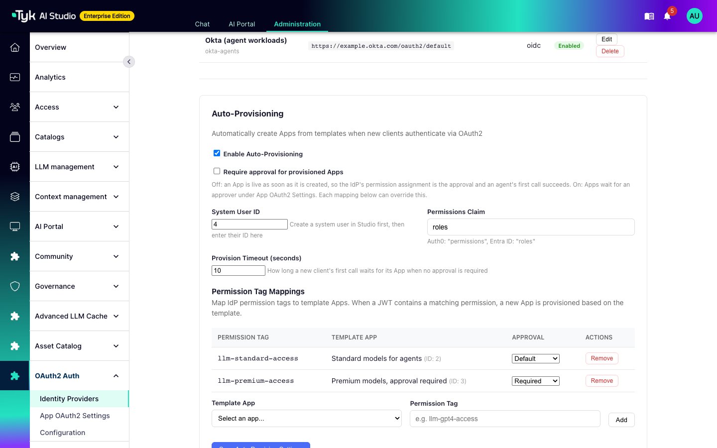 Auto-Provisioning section with two permission tag mappings, one that follows the default approval setting and one that requires approval