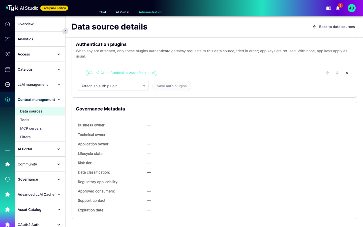 Data source detail page with the OAuth2 Client Credentials plugin in the Authentication plugins list