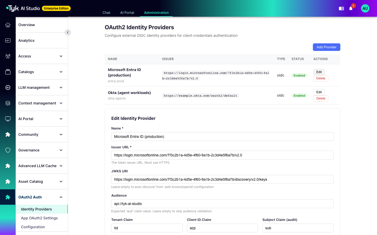 OAuth2 Identity Providers page with an Entra ID provider and an Okta provider, and the Edit Identity Provider form