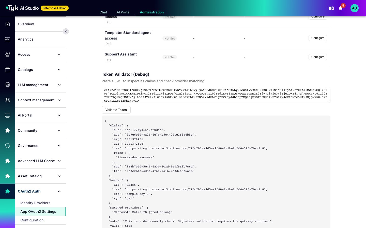 Token Validator showing the decoded claims of a sample Entra ID token and the matched provider
