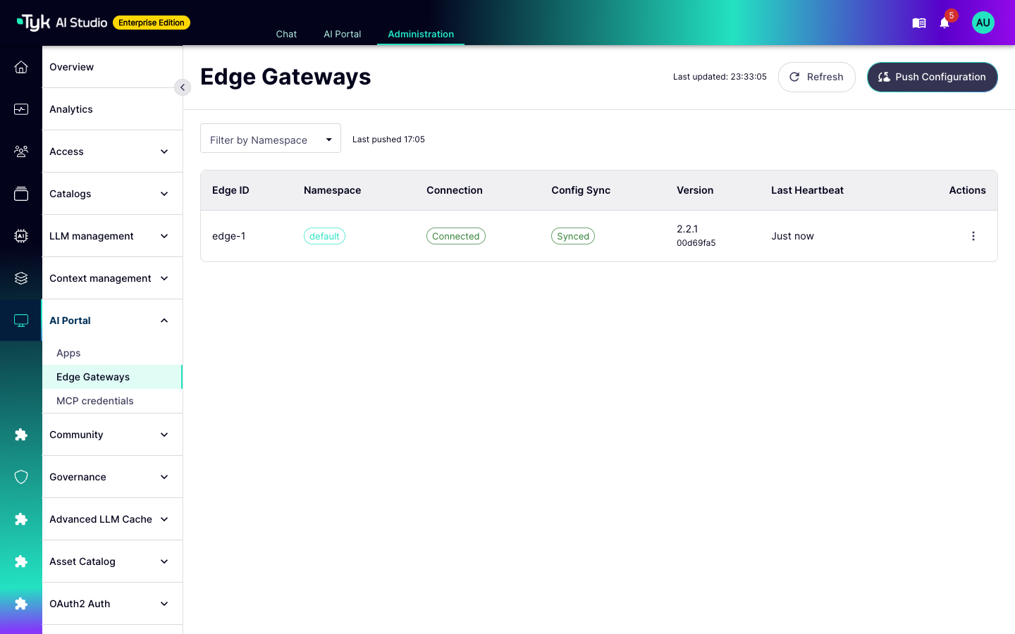 Edge Gateways page with one edge that is Connected and Synced, with its version and last heartbeat