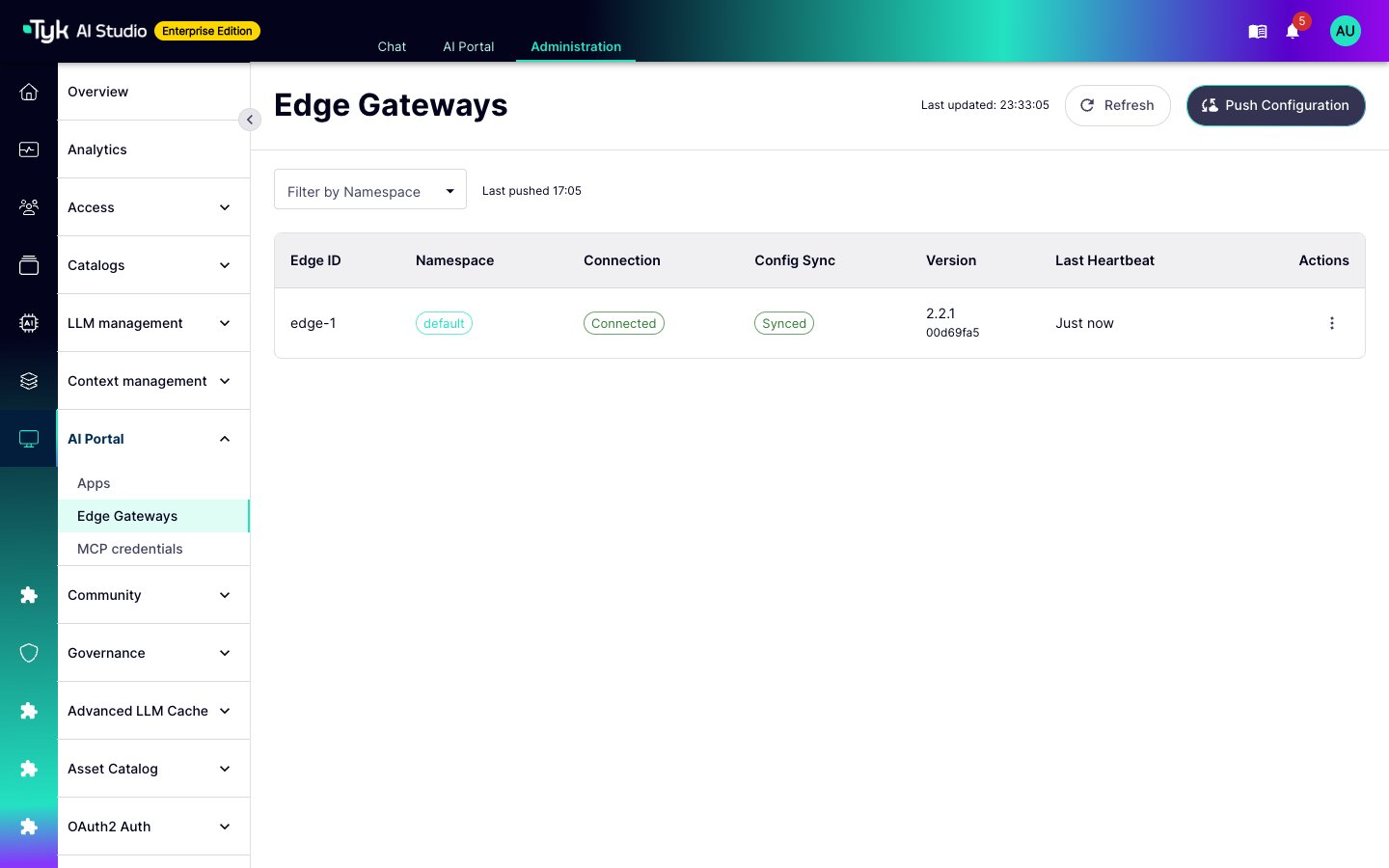 Edge Gateways page with one edge that is Connected and Synced, with its version and last heartbeat