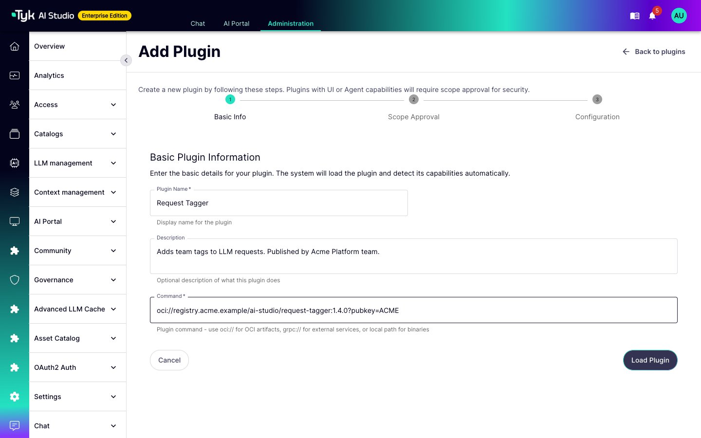 Add Plugin form with an oci:// command that selects a public key with the pubkey parameter