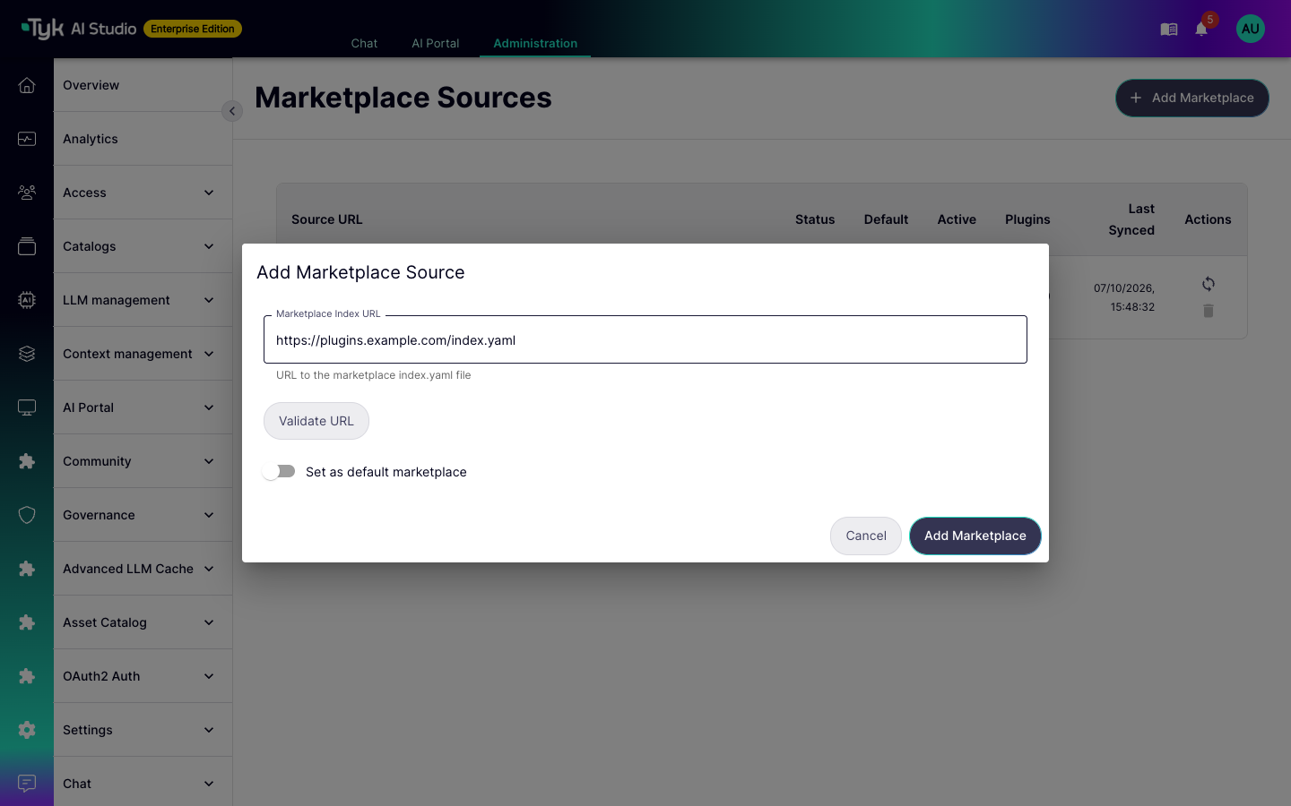 Add Marketplace Source dialog with an index URL, the Validate URL button, and the Set as default marketplace switch