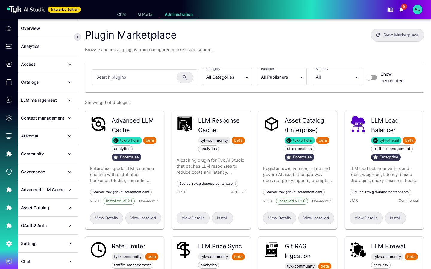 Plugin Marketplace page with plugin cards from the Tyk marketplace source