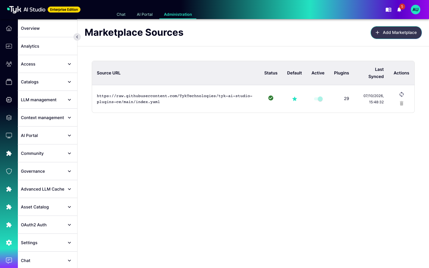 Marketplace Sources page with the Tyk marketplace as the default, active source