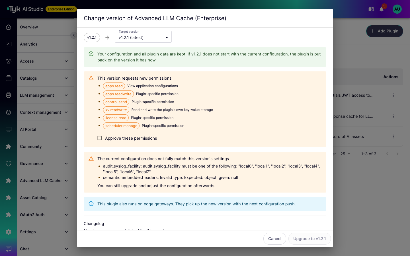 Change version dialog with the target version, new permissions to approve, configuration warnings, and the changelog section