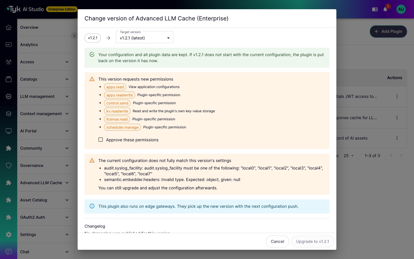 Change version dialog with the target version, new permissions to approve, configuration warnings, and the changelog section