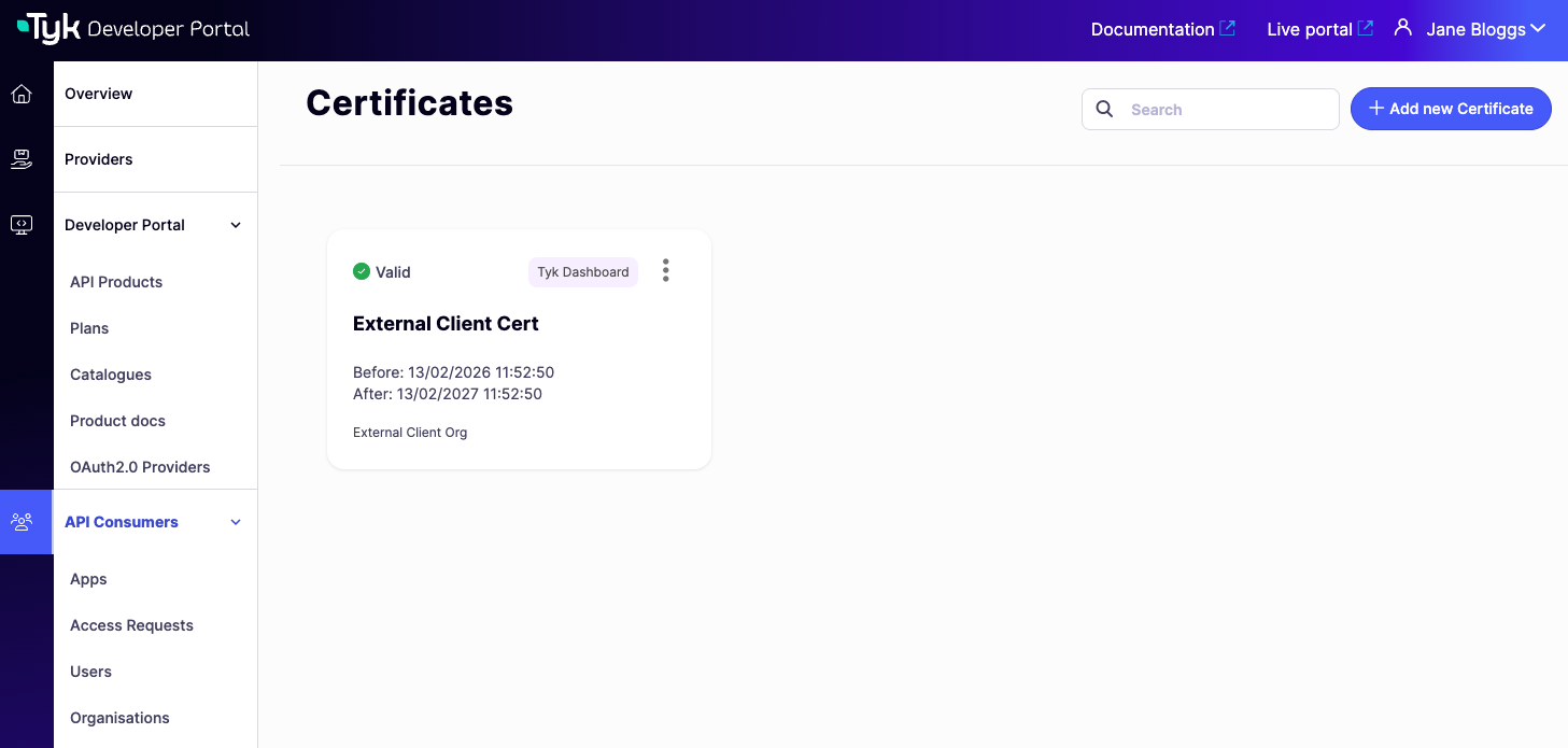 The Developer Portal's Certificate Store view