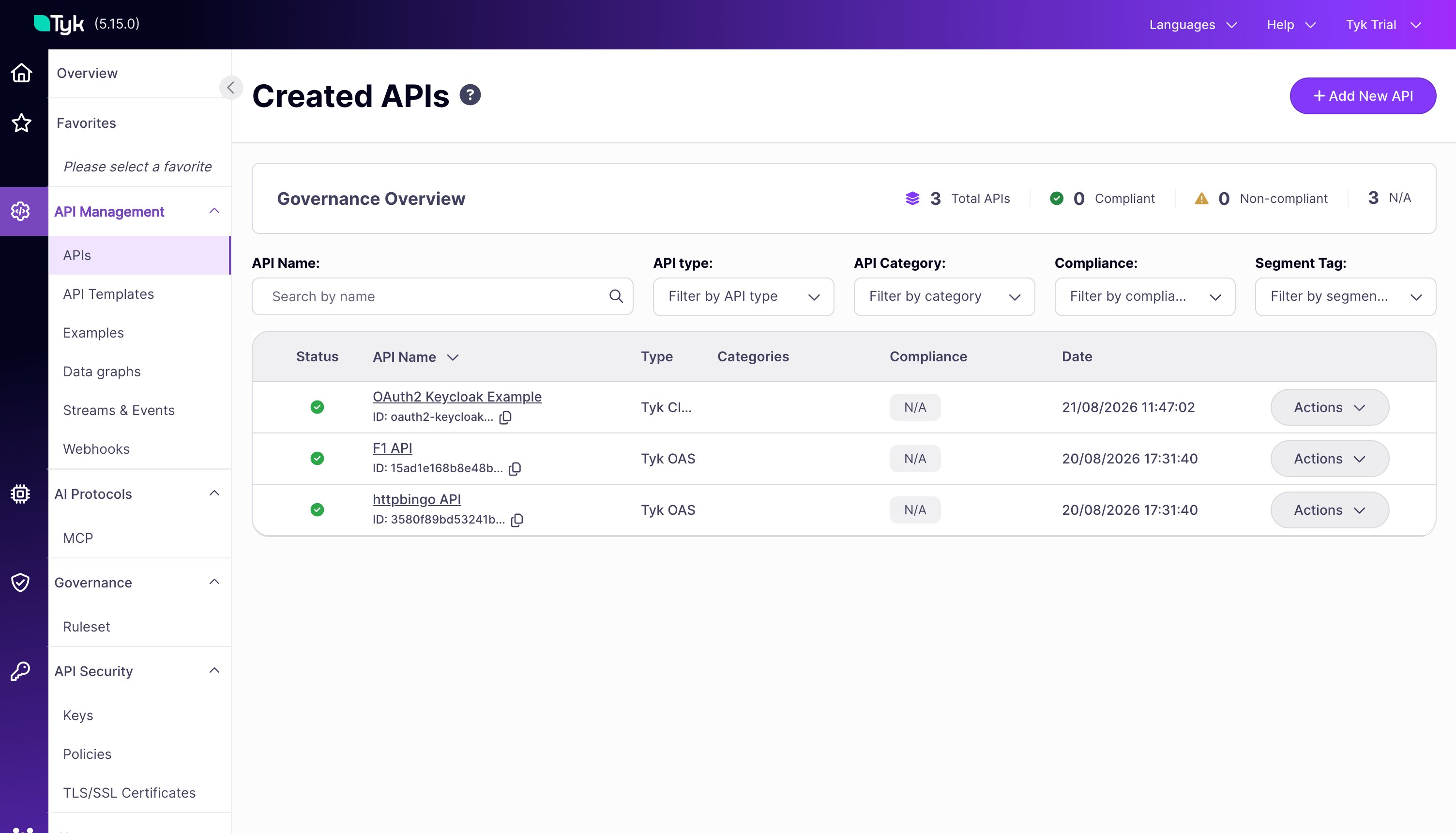 Tyk Dashboard APIs list under API Management, showing Tyk OAS APIs to select from