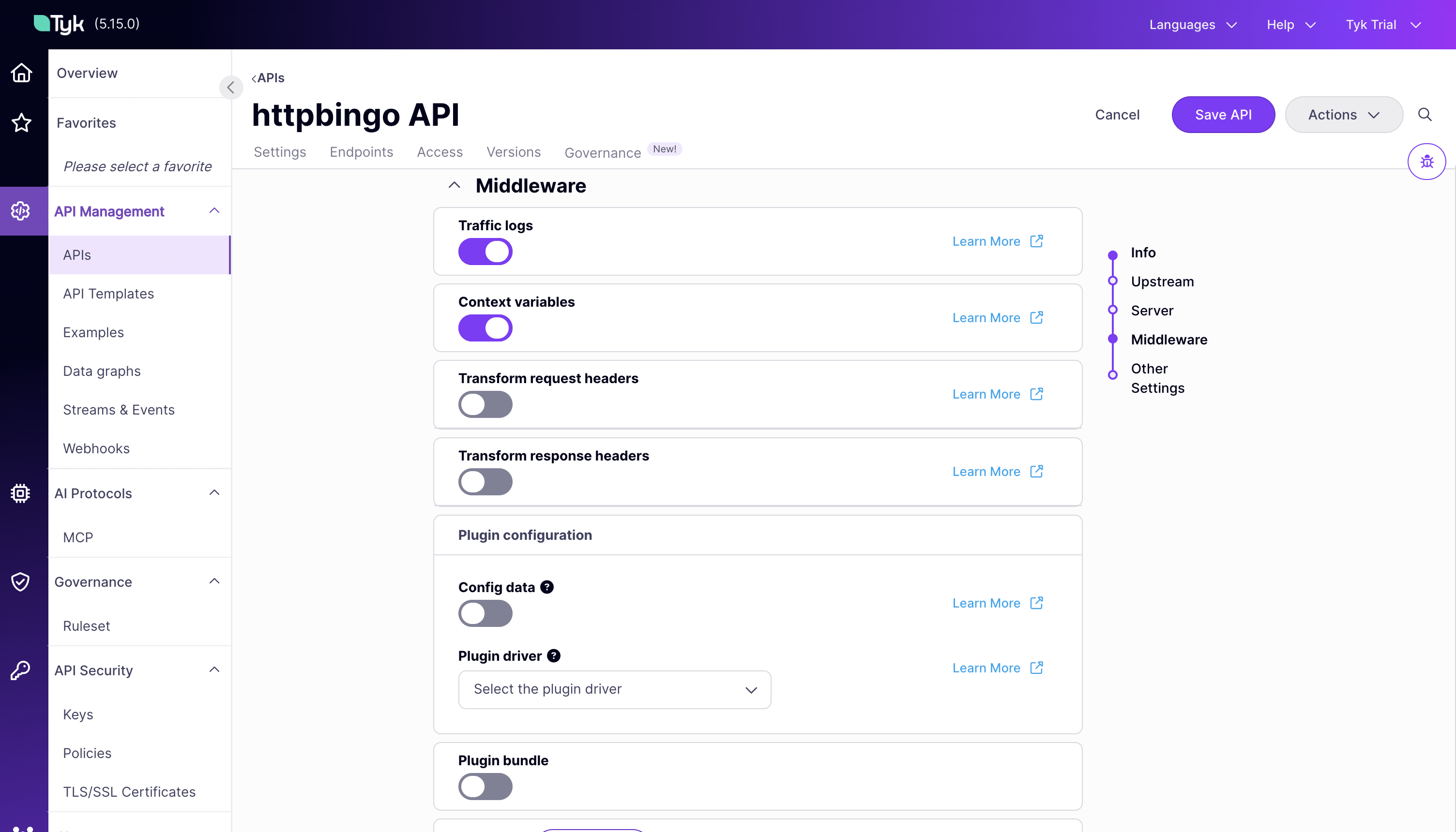 Tyk OAS API Settings Middleware section with the Context variables toggle switched on